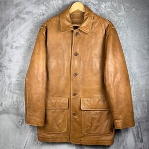 Roundtree & Yorke Mens Leather Barn Coat Brown Lambskin Lined Field Jacket sz M